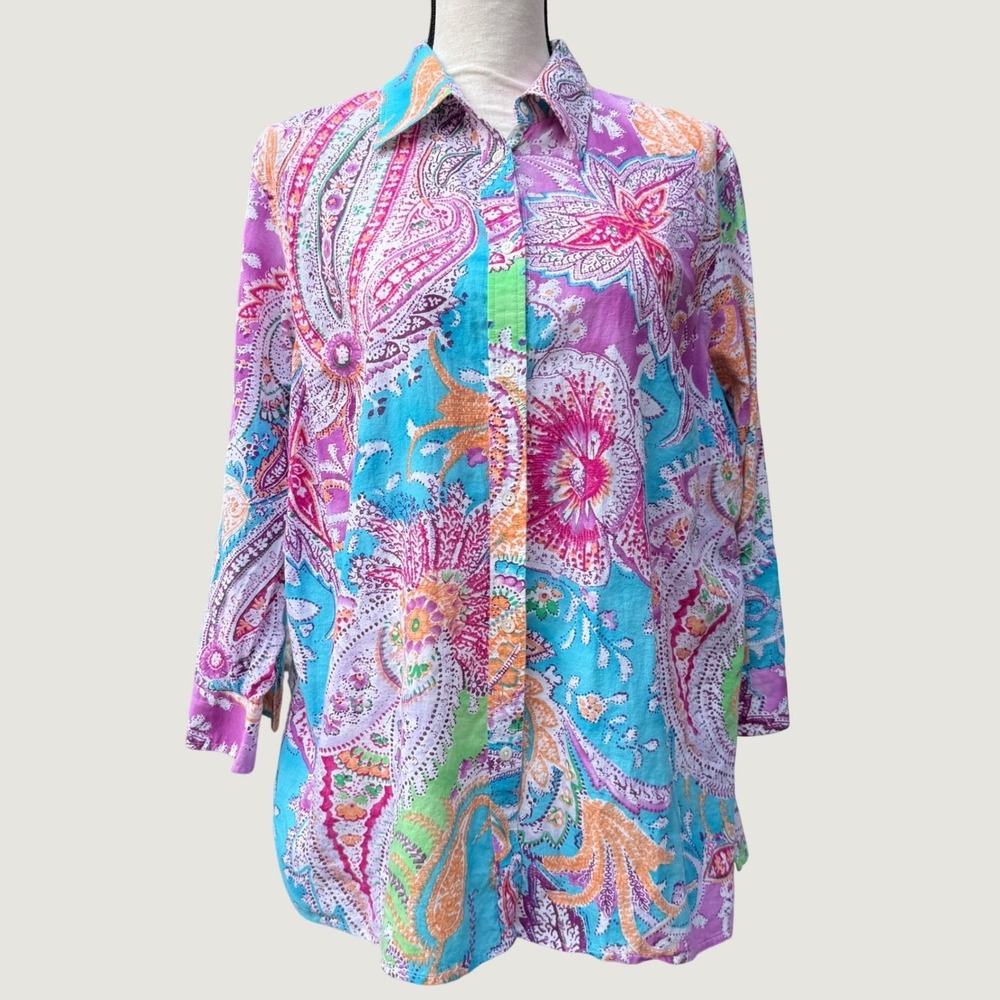 Lauren Ralph Lauren Womens 1X Paisley Floral Cotton Button Down Shirt Multicolor